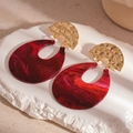 Detailed shot of burgundy resin earrings with gold hammered metal on a stone base - 925 Silver Pin - Red Marble Resin U-Shaped Drop Earrings