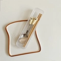 Set posate portatili con manici a zampa beige e forchetta cucchiaio in acciaio - Set Cucchiaio Forchetta Bacchette Zampa di Gatto Beige (Con Scatola)