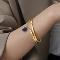 Gouden dubbellaagse titaniumstalen armband met diepblauwe natuurstenen hanger en zirkoon - Blauwe Natuursteen