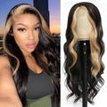 Long wavy black synthetic wig with blonde highlights for women, full head view - Black with Gold Highlights
