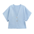 Close-up of light blue ribbed knit cardigan featuring textured fabric and gold buttons - S / Light Blue
