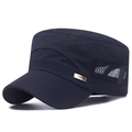 Navy blue flat top military cap with breathable mesh side panels and metal detail - Adjustable / Navy Blue
