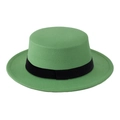 Grass green wool felt boater hat with black grosgrain ribbon for men and women - Mint Green With Ribbon