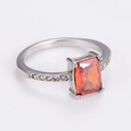 Detail of a rectangle orange-red gemstone ring with micro-pave side diamonds in silver - US 7 / Silver/Red Zirconia
