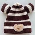 Brown and white striped knitted baby beanie with bear patch and cute 3D round ears - Coffee
