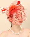 Vintage red fascinator hat with feathers and polka dot mesh veil for wedding bridal wear - Red