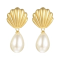 Elegante gouden schelpoorbellen met witte druppelparels in een Franse vintage stijl - Gouden Schelptextuur met Witte Trappelparels-ED-489G