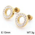 13mm gold stainless steel round geometric stud earrings with sparkling zircon inlay - Gold Ring Threaded Earring Rhinestone (KE110604-Z)