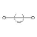 Dettaglio macro di piercing industrial argento con mezzaluna in zirconi scintillanti - Barra d'Argento Luna con Zirconi