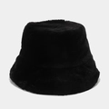 Close-up of the soft black plush faux fur texture on this winter bucket hat for women - Flat Top Bucket Hat / Black