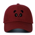 Detail of dark red baseball cap featuring a black embroidered cartoon panda face design - Burgundy