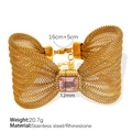 Golden mesh bow bracelet with pink rectangular rhinestone and 16cm plus 5cm chain - Pink Rhinestone Gold Bracelet