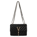 Borsa a tracolla nera trapuntata a V con logo dorato e nappa a frange con catena - Nero