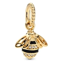 Gold bee pendant with black enamel stripes and sparkling crystals for charm necklaces - 023-Enamel Bee
