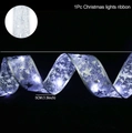 5CM silver Christmas ribbon with cold white LED lights and star patterns on black backdrop - 3m 30LED (2AA Battery Box - Battery Not Included) / Silver - White Light