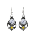 Bohemian earrings in antique silver finish with white marble discs and yellow crystals - Antique Silver Marble Pattern (K-1330)