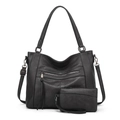 Detail of black large soft leather hobo bag set including a matching smaller pouch and strap - Shoulder Bag Set / Black (Model 071)