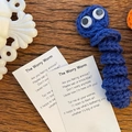 Handmade blue knitted worry worm plush gift set with poem card on wooden desk - Blue Worm
