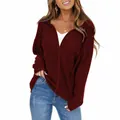 Close-up of deep red waffle knit fabric texture on a casual hooded cardigan jacket - S / Tops / Burgundy