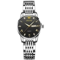 Business quartz watch for women with black dial, silver strap, date and weekday display - Silver Gold Band Black Dial