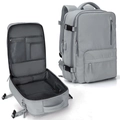 Large grey multi-functional travel backpack with USB port and open compartment view - Vertical Single Zipper / Dark Gray