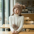 Winter plush trapper hat in brown plaid with four cute faux fur pom-poms for women - Pocket Multi-Pom Style / Khaki