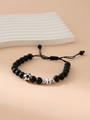 Men's black matte bead bracelet with soccer charm and white number 1 cube on woven cord - Letter I