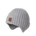 Knitted kids winter trapper hat in light grey with warm ear flaps and leather patch - Earflap Hat / One Size / Gray