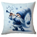 Wit kerstkussenhoes met blauwe kabouter die fluit speelt en sneeuwvlok graphics - Blauwe kabouter die fluit speelt