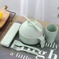 Light green wheat straw noodle bowl set with lid, mug, spoon, fork, and chopsticks - 6-Piece Set (Including Cup & Case) / Nordic Green