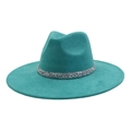 Detail of teal suede fedora hat with sparkling silver sequin band decoration - 58 / Peacock Light Blue