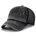 Washed black ponytail baseball cap with distressed mesh back and vintage style finish - Adjustable / Black