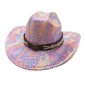 Detail of pink python pattern cowboy hat with bull head buckle and leather band - Holographic Pink