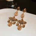 Detailed close-up of champagne zircon tassel earrings with drop-cut crystals on a white plate - Champagne Foliage Tassel Dangle Earrings