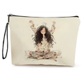 Off-white canvas makeup bag with a black zipper and illustration of a girl waking up - Stretching Girl (Style 1)