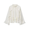 Elegante cremeweiße Satinbluse mit Stehkragen und Rüschendetails an Brust und Ärmeln - S / Weiß