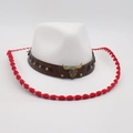 White western cowboy hat with brown leather band, bull skull logo and red pom pom trim - One Size(56-58cm) / White Red Edge (Gold Bull)