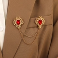 Vintage gold brooch with red teardrop gems and double chains on suit lapel - KC Gold Base Large Red Water Drop (N-151)