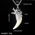 Men's dragon head wolf tooth necklace in silver finish with acrylic pendant and steel chain - Wolf Tooth No.27 + 70cm Steel Chain