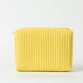 Detail of yellow PU leather makeup bag featuring vertical perforated stripe patterns - 25*7.5*17cm / Yellow