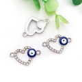 Silver heart devil eye connectors with blue enamel and rhinestones for DIY jewelry - Silver Heart Evil Eye Connector