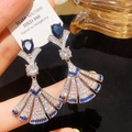 Macro di orecchini a ventaglio in argento S925 con pietre preziose blu e diamanti - 4# Orecchini a lobo gonna a ventaglio blu argento