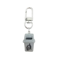 Close-up of a creative grey mini trash can keychain with metal hook on white background - Gray Trash Can