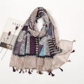 Detail view of multicolored paisley print scarf with fringe trim and cotton linen texture - Purple Beige Blue Multicolor Paisley Style (XB1017)
