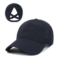 Navy blue ponytail baseball cap with breathable mesh and cross elastic band design - Adjustable / Navy Blue