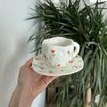 Irregular handmade ceramic coffee cup and saucer set with red tulip pattern - Tiny Tulip Cup & Saucer