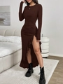 Detailed close-up of brown ribbed knit dress featuring a ruffled hem and high side slit - S / Brown