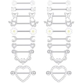 Set of 9 pairs silver stainless steel nipple rings with pink zircon and heart moon charms - White 18Pcs Set