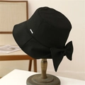 Fashionable black bucket hat for women with a large elegant bow and metal logo on a stand - M (56-58cm) / Black