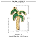 Macro view of coconut tree pendant in gold stainless steel and green enamel with dimensions - Coconut Tree